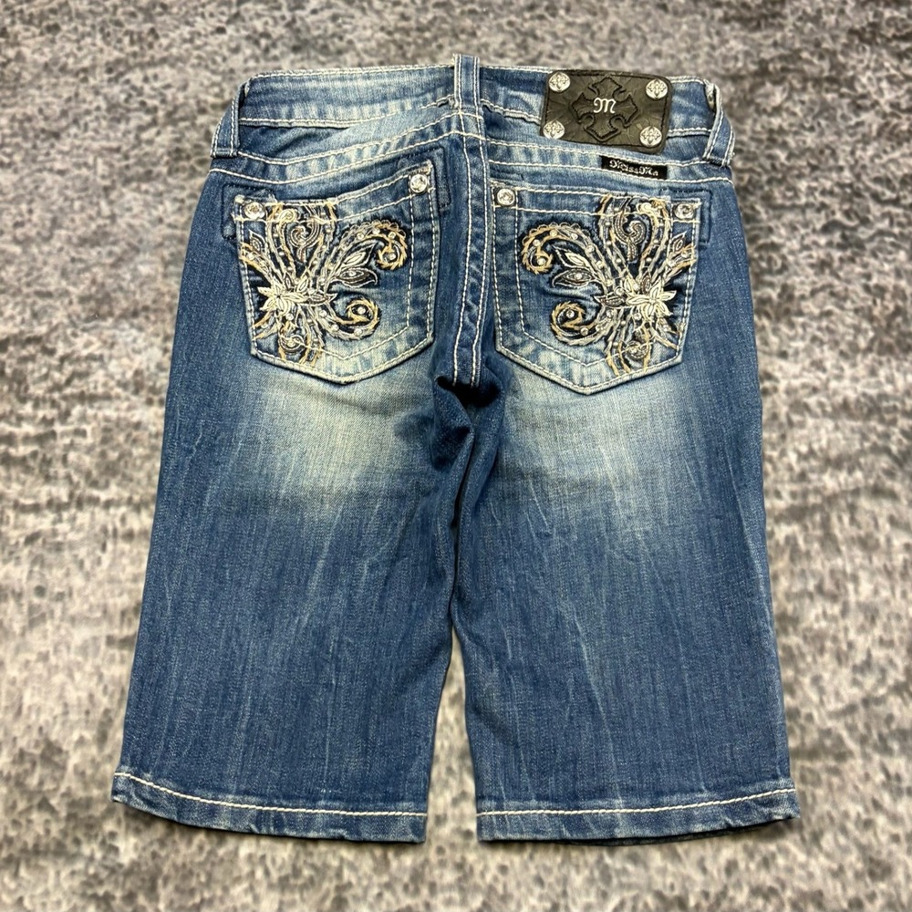 Miss Me Bermuda Shorts Womens 10 (24") Blue Rhinestone Embellished Fleur De Lis